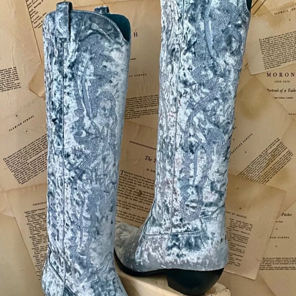 Free People Jeffrey Campbell Finn Tall Western Boots Aqua Blue Velvet - Picture 6 of 8